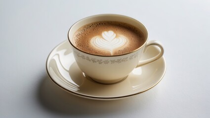Aufkleber - Creamy hot coffee in a delicate porcelain cup on a white backdrop.