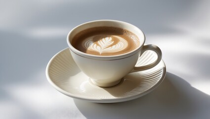 Aufkleber - Light porcelain cup filled with fresh hot creamy coffee against a white background.