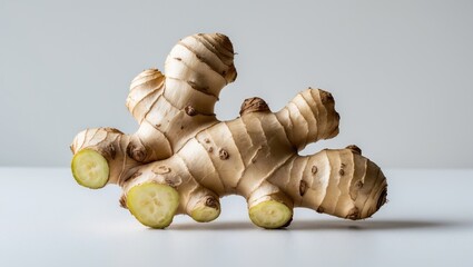Poster - Ginger displayed on a white surface. Medical herb concept. Culinary use of gingers for flavor. Ginger root