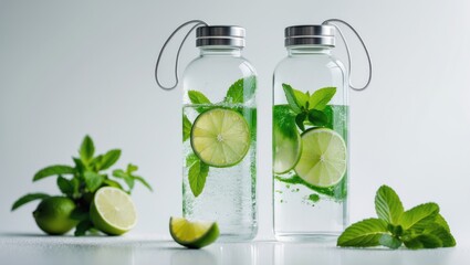 Poster - Lime and mint infused detox drink, refreshing cocktail, eco-friendly lemonade in reusable bottles. Health wellness concept.