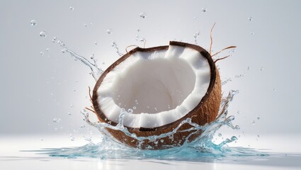Poster - Fresh coconut water bursting from nut into the air against a white backdrop