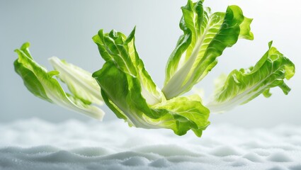 Poster - Green lettuce leaves of fresh salad cascading in the air against a white backdrop.