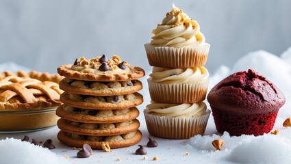 Poster - Delicious and fresh bakery desserts and sweets, presented closeup on a white background.