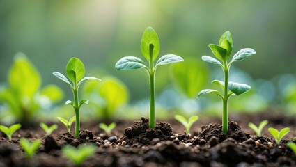 Poster - New green seedlings sprouting against a blurred backdrop, room for text