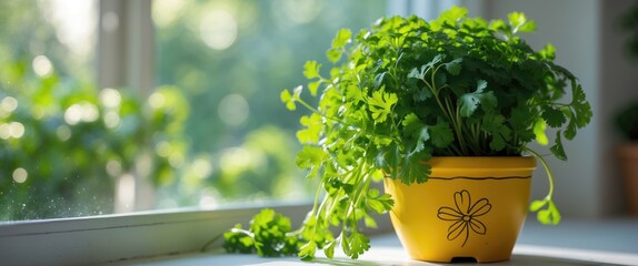 Poster - Bright green coriander sprouting in a yellow planter located indoors on a white windowsill