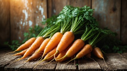 Poster - newly harvested carrots grouped on aged wooden background