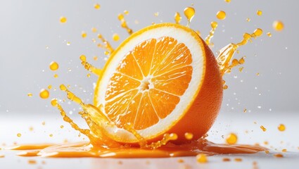 Poster - Sliced orange in motion freeze with juice splashing on background