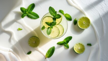 Poster - Top view of a cocktail featuring lime, fresh mint, and ice on a white textured background. A refreshing citrus drink for summer. Close-up with ample copy space.