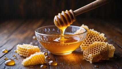 Aufkleber - Honey Flowing from Wooden Dipper into Glass Bowl