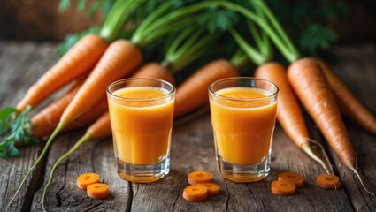 Aufkleber - Glass of fresh carrot juice placed on a wooden background. Concept of nutritious eating. Detox process.
