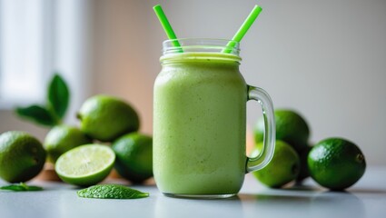 Poster - Mason jar filled with fresh feijoa smoothie on a bright table, close-up view. Text space available