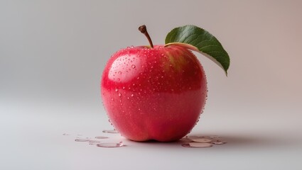 Poster - Isolated fresh red apple with leaf and water droplets on background. Clipping path.