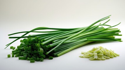 Poster - Organic green garlic chives: fresh, healthy herb sliced, isolated on white background.