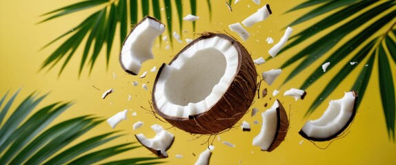 Poster - Isolated background featuring fresh whole and cracked coconuts with palm leaves in flight