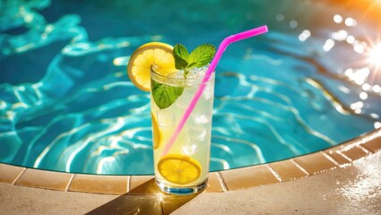 Poster - Cool lemonade or mojito beverage in a glass with a straw alongside the pool on a sunny afternoon