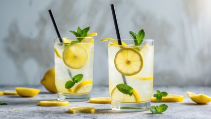 Poster - Crisp summer beverage. Frosty lemonade with mint placed on a concrete background.