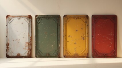 Poster - Four blank vintage tin signs set on a white surface