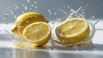 Aufkleber - White background with fresh lemon and water splashing.