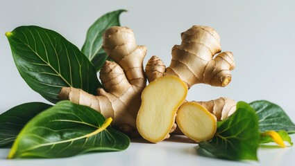 Poster - Fresh ginger rhizome accompanied by green leaves and sliced on a white backdrop.