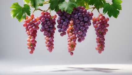 Poster - Lush ripe grapes with leaves suspended in the air isolated on a white surface