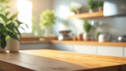 Poster - Selective focus on wooden table surface with blurred kitchen countertop background for product display montage or key visual layout design.