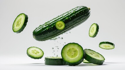 Poster - Isolated white background featuring flying cucumber with a water drop and a collection of slices.