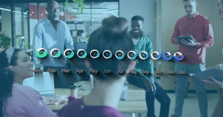 Poster - Discussing project timeline, team using animation for monthly progress in office