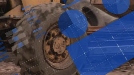 Poster - Blue geometric shapes and data processing animation over map background