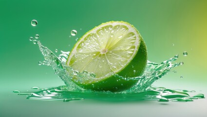 Poster - Splash of water with lime on a green background