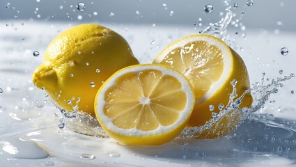 Aufkleber - Fresh lemon and water create a splash on a white surface.