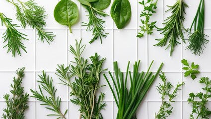Aufkleber - Top view of fresh herbs and spices isolated on a background
