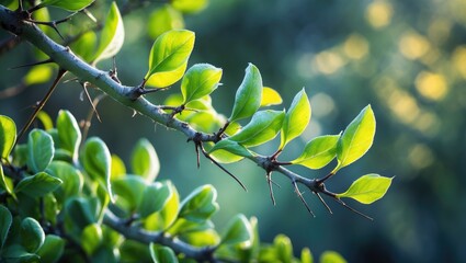 Poster - New Spring Green Foliage on Twigs - Nature Close-Up of Budding Branches