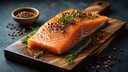 Poster - Spiced and herbed fresh salmon steak prepared for grilling.