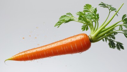 Poster - Isolated on a white background, a flying fresh carrot with water droplets, clipping path.