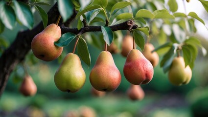 Poster - Ripe fresh pears hanging on a garden tree.