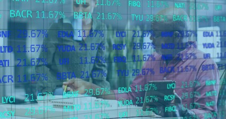 Poster - In office, business professionals discussing stock market data with animation overlay