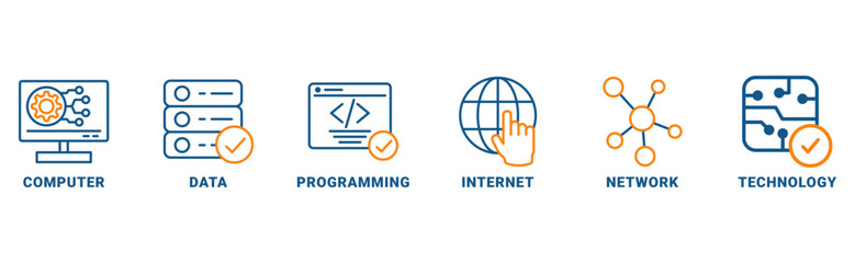 Information Technology banner web icon vector illustration concept with icon of computer, data, programming, internet, network, technology 
