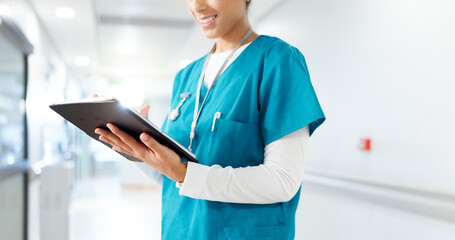 Aufkleber - Hospital, nurse and hands of woman with tablet for online consulting, medical service and diagnosis. Healthcare, wellness and person on digital tech for planning schedule, appointment and insurance