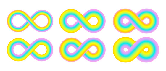 Set of neon sign, autism symbol, icon infinity, rainbow curve smooth line, luminous tube with gradient. Element with swirled colored ribbon shape with loop on black background. Vector EPS10