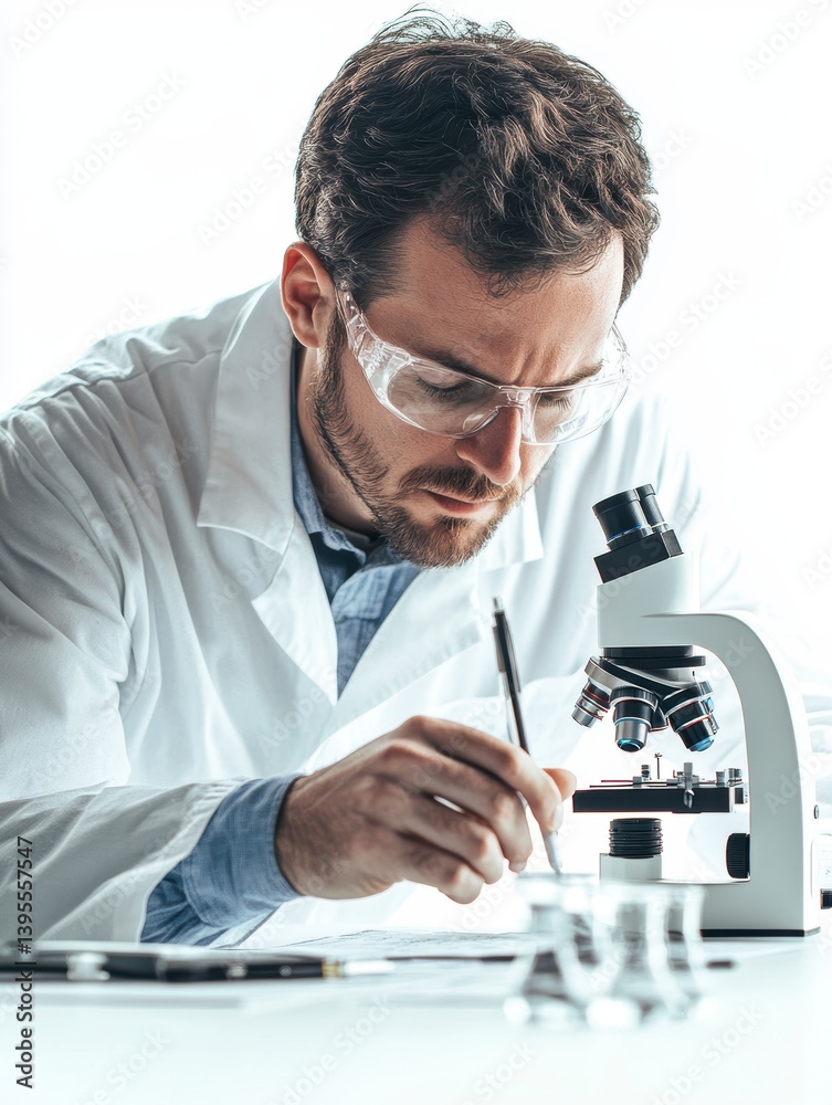 Focused Scientist in White Lab Coat Using Microscope and Taking Notes ...