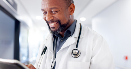 Poster - Hospital, doctor and happy black man with tablet for online consulting, medical service and diagnosis. Healthcare, wellness and person on digital tech for planning schedule, appointment and insurance