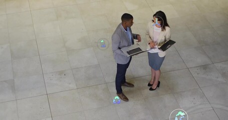 Poster - Discussing data with digital analytics overlay, business professionals in office setting