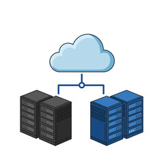 Poster - Cloud Computing and Data Centers: A conceptual illustration of cloud computing, with data centers connected, representing the modern digital infrastructure and global network.