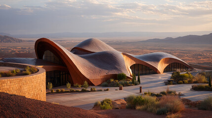 Poster - Curved copper building, desert landscape background, showcasing modern architecture integrated with nature, representing innovative design and harmony