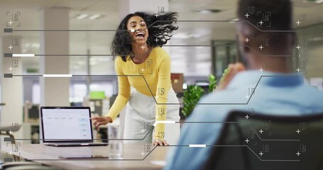 Poster - Presenting animated graphs, woman smiling and showing data on laptop in office
