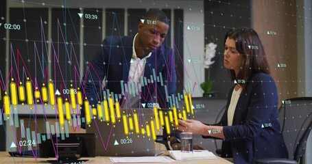 Poster - Analyzing financial data, business professionals using graph animation in office setting