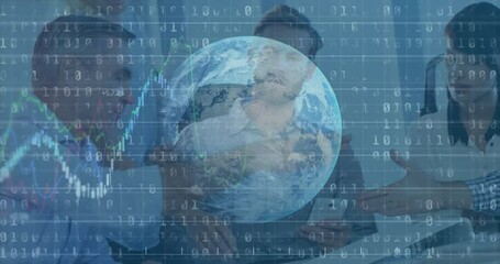 Poster - Earth and financial data processing animation over diverse business team in meeting