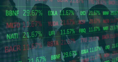 Aufkleber - In office, diverse people discussing stock market data with animation overlaying
