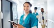 © peopleimages.com - Laugh, tablet and face of nurse in hospital for telehealth, medical service and research in clinic. Healthcare, wellness and portrait of woman on digital tech for online diagnosis, report or schedule