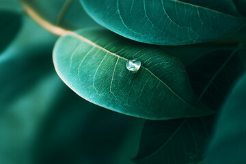 Poster - Close-up of a water droplet on teal leaf, showcasing detailed leaf texture.  Symbolizes nature, purity, and freshness. Ideal for eco-friendly concepts
